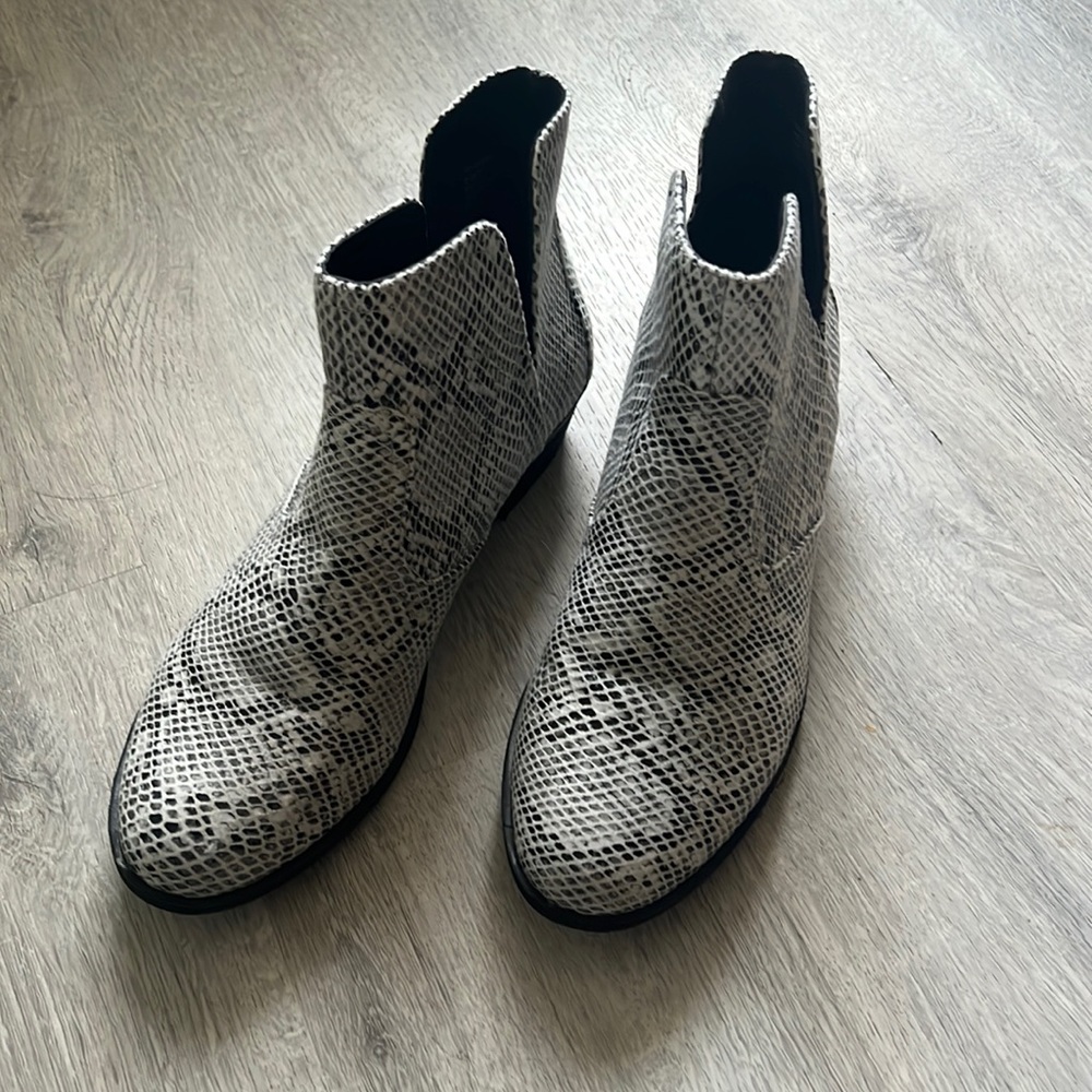 Black and white faux snake skin booties